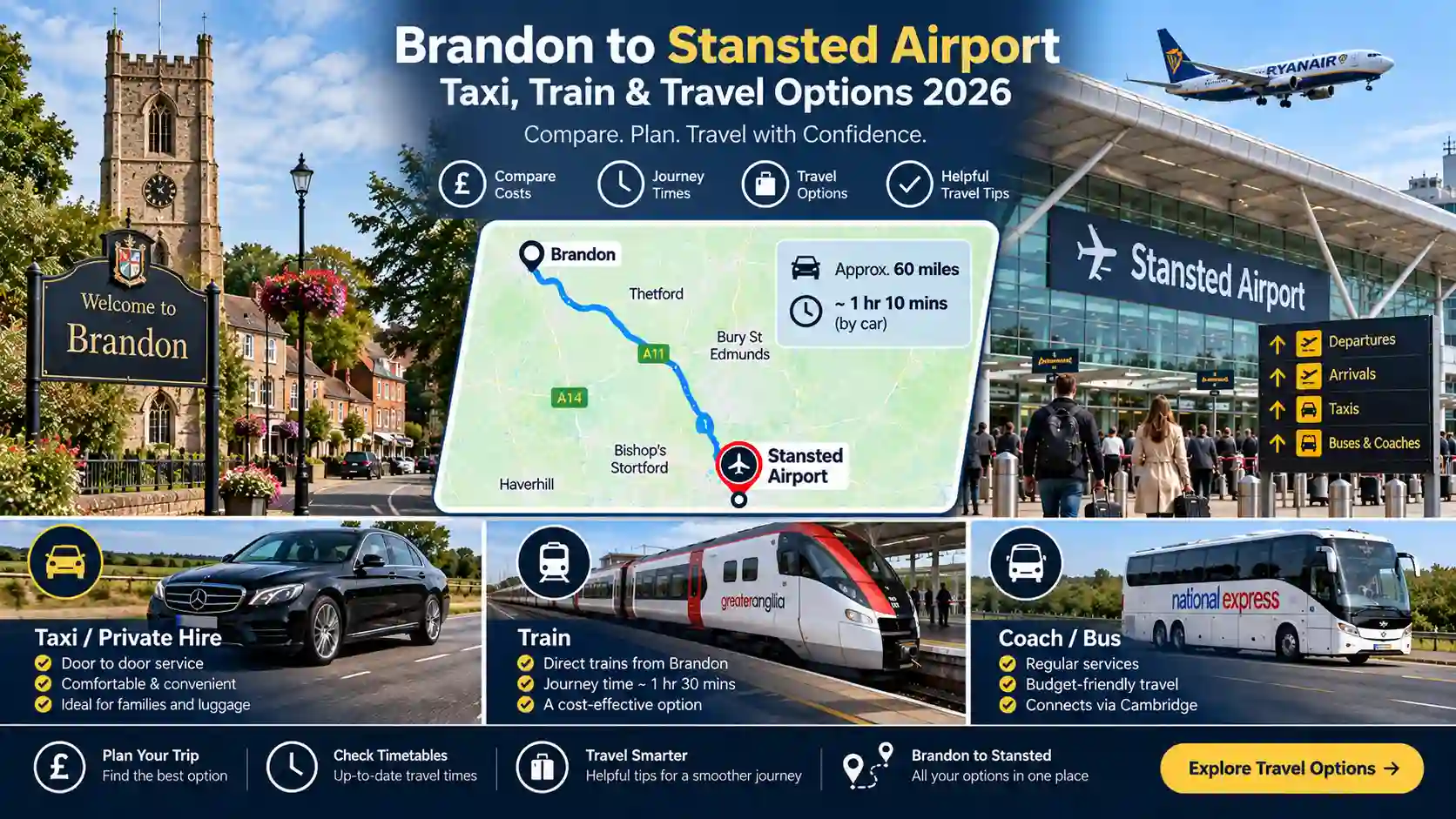 Brandon to Stansted Airport: Taxi, Train & Travel Options 2026