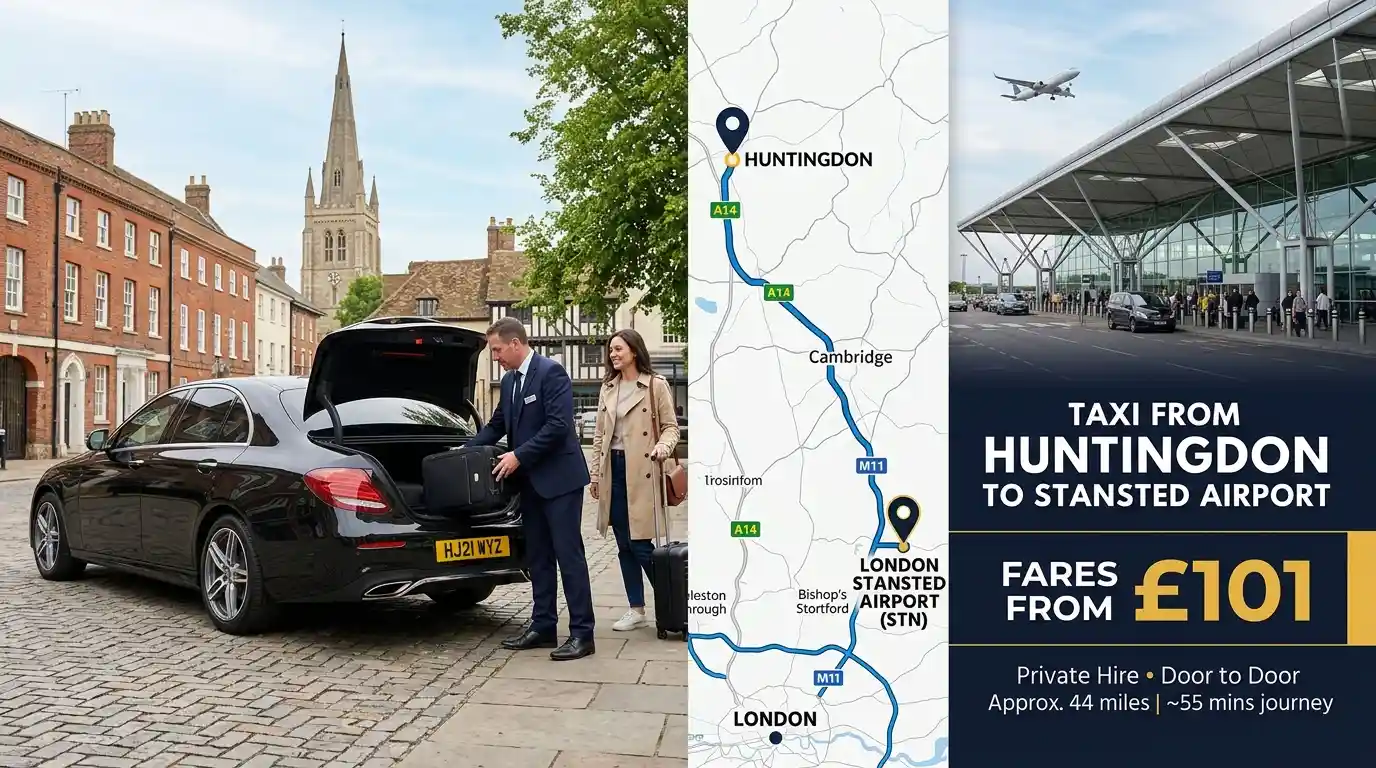 Stansted Airport Taxi fleet vehicle — Huntingdon to Stansted Airport transfer
