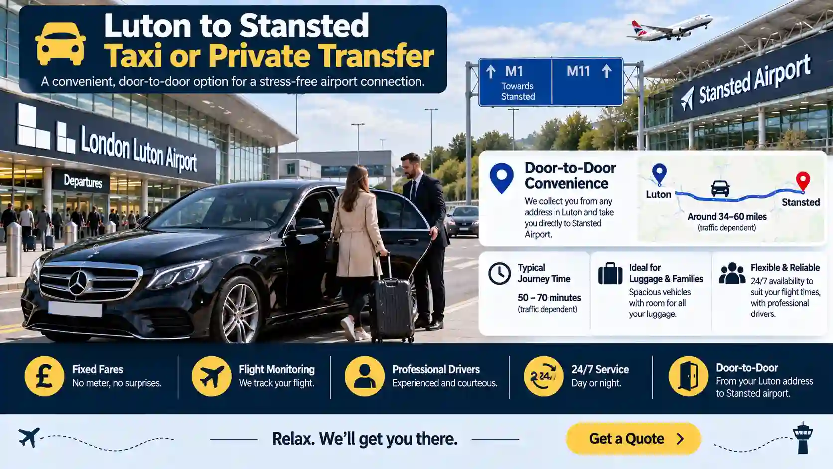 Private-hire vehicle at Luton Airport for a direct transfer to Stansted