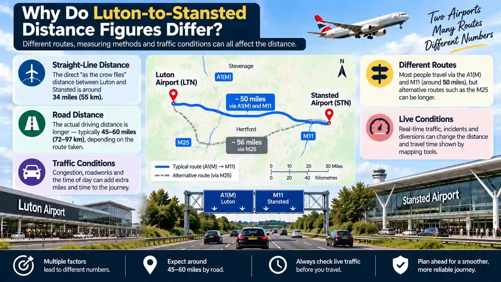Road corridor map between Luton Airport and Stansted Airport