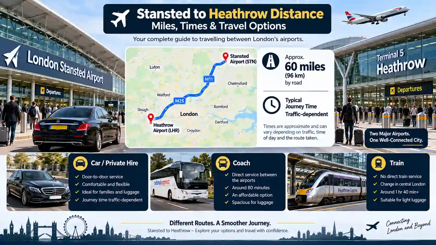 Stansted to Heathrow Distance: Miles, Times & Travel Options