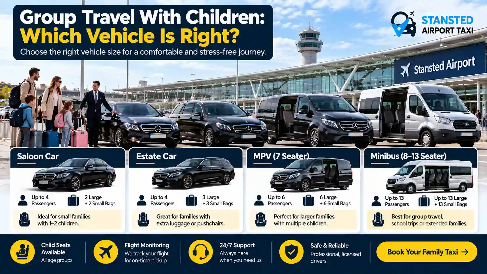 MPV with multiple child seats fitted for a family transfer to Stansted Airport