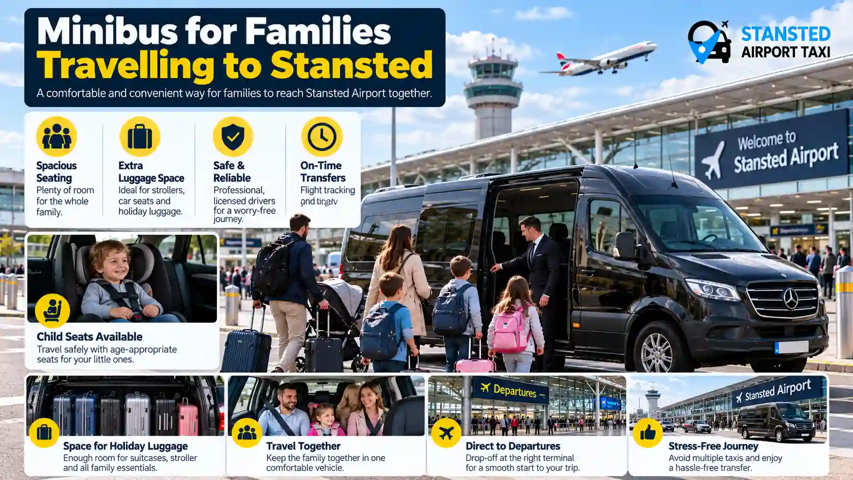 Family group with luggage boarding a minibus for Stansted Airport