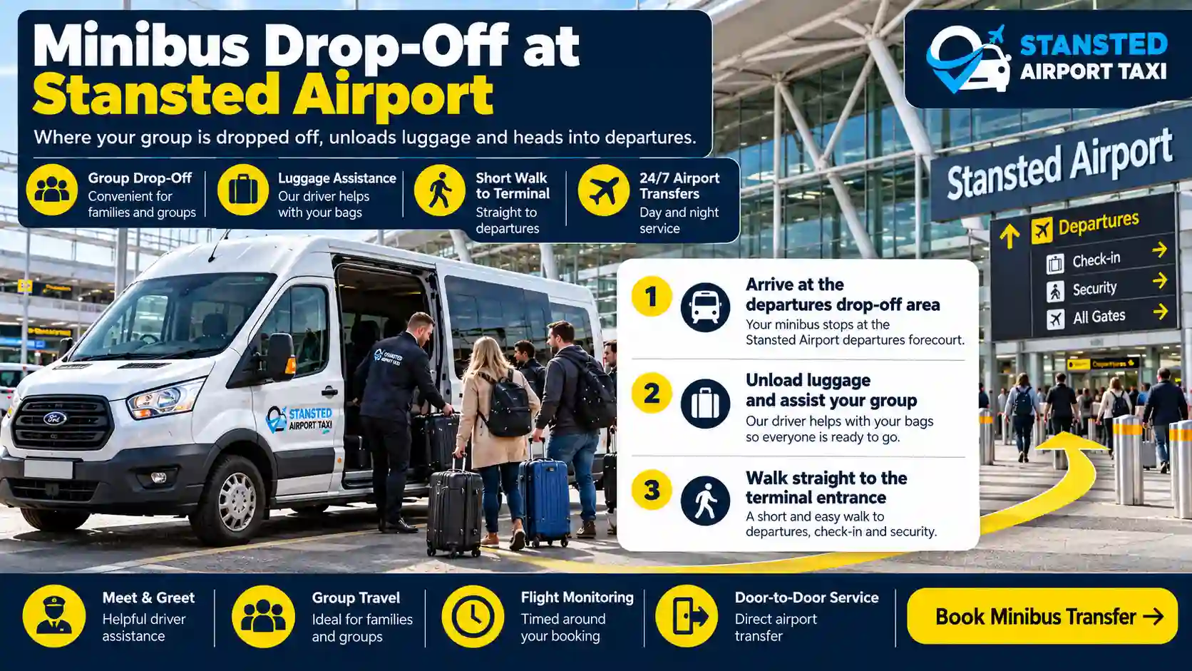 Minibus group drop-off at Stansted Airport terminal
