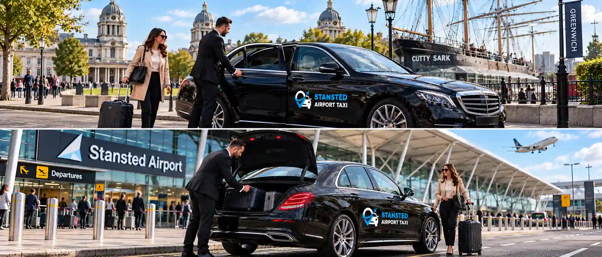Stansted Airport Taxi saloon, MPV and minibus for Greenwich to Stansted Airport transfers