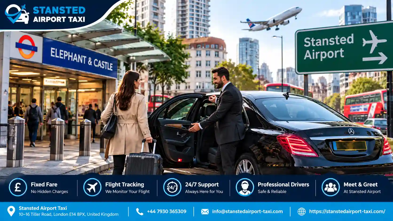 Stansted Airport Taxi saloon, MPV and minibus for Elephant & Castle to Stansted Airport transfers