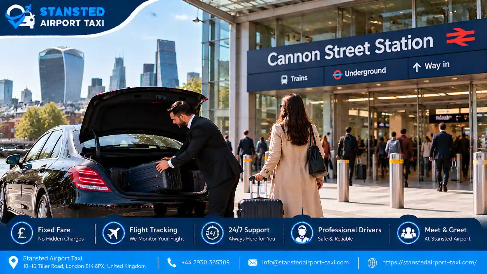 Stansted Airport Taxi saloon, MPV and minibus for Stansted Airport to Cannon Street transfers