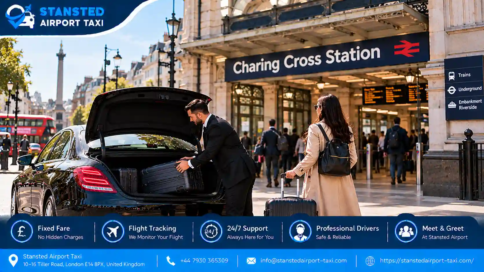 Stansted Airport Taxi saloon, MPV and minibus for Stansted Airport to Charing Cross transfers