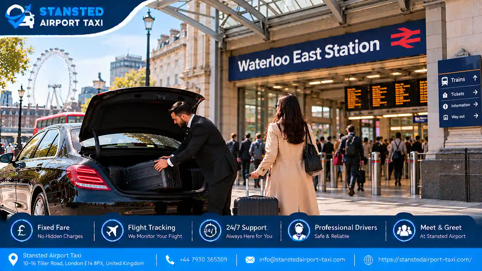 Stansted Airport Taxi saloon, MPV and minibus for Stansted Airport to Waterloo East transfers