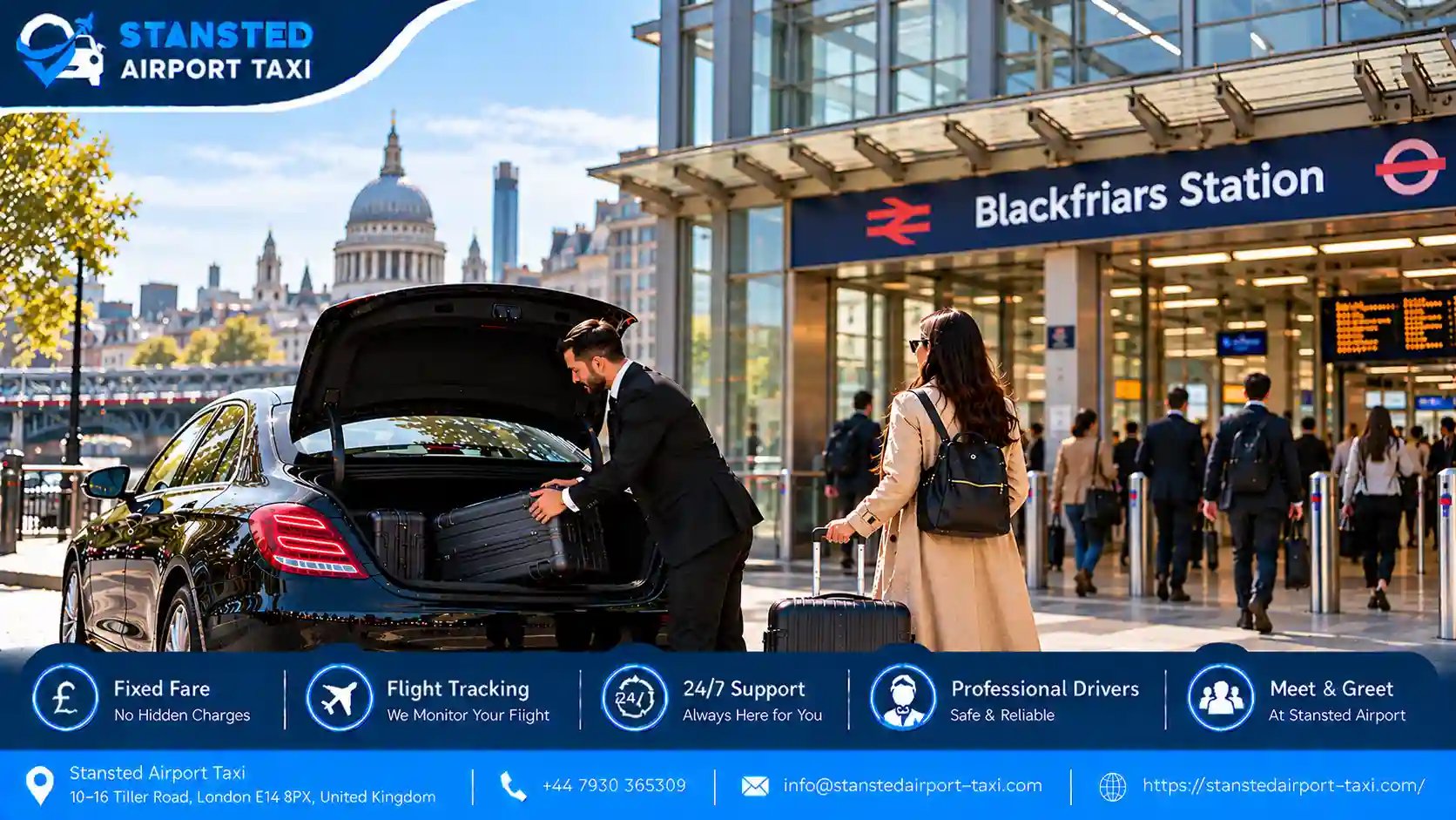 Stansted Airport Taxi saloon, MPV and minibus for Stansted Airport to Blackfriars transfers