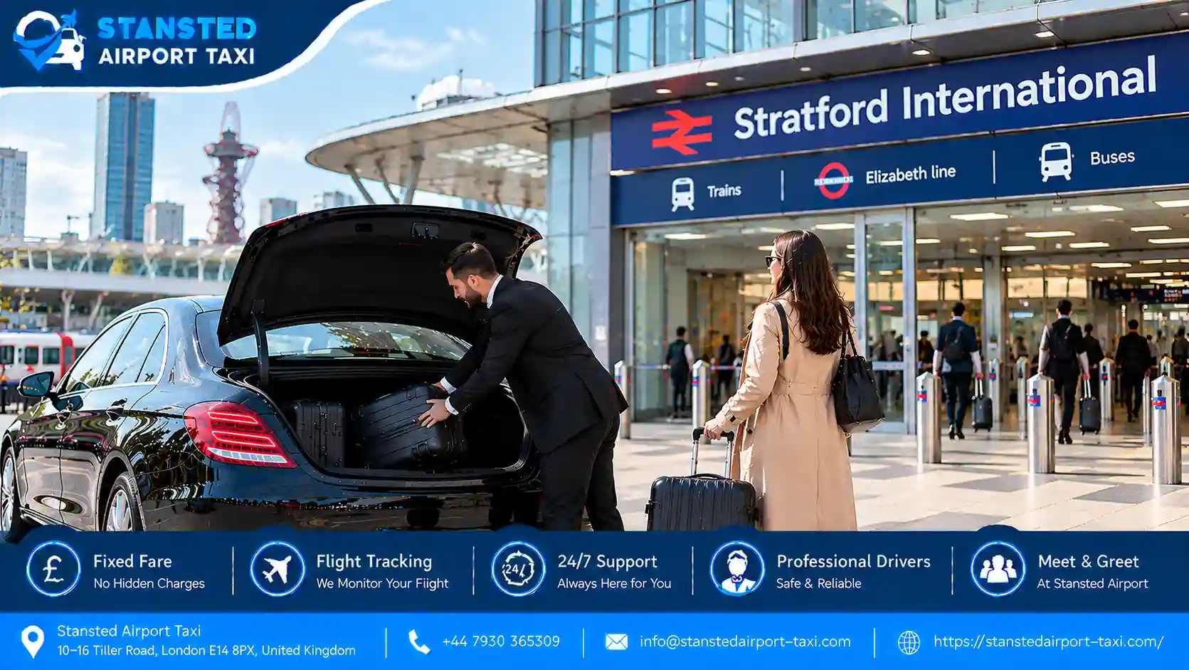 Stansted Airport Taxi saloon, MPV and minibus for Stansted Airport to Stratford International transfers
