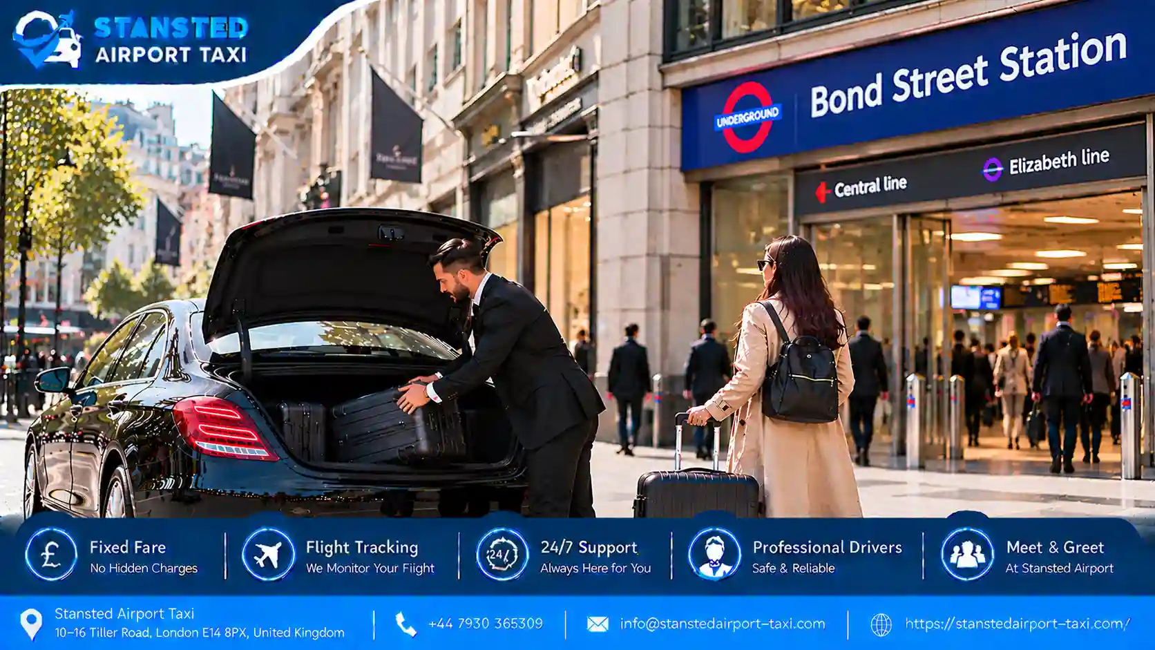 Stansted Airport Taxi saloon, MPV and minibus for Stansted Airport to Bond Street transfers