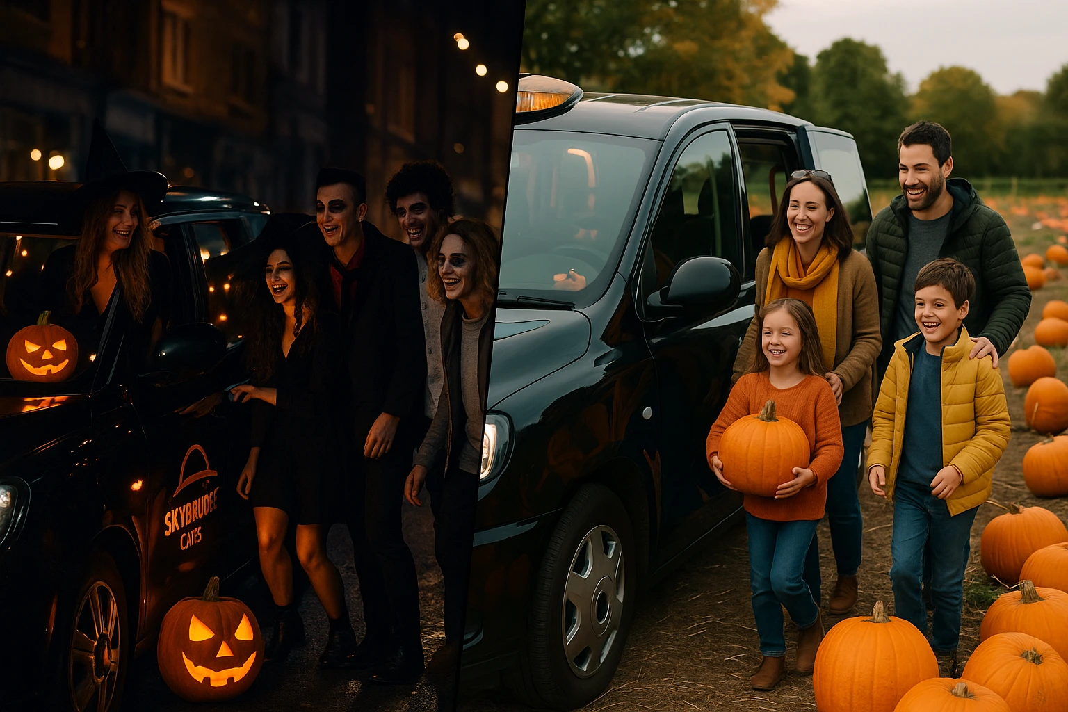 Left side: A decorated Skybridge Car at night with costumed partygoers. Right side: A smiling family unloading at a pumpkin patch.