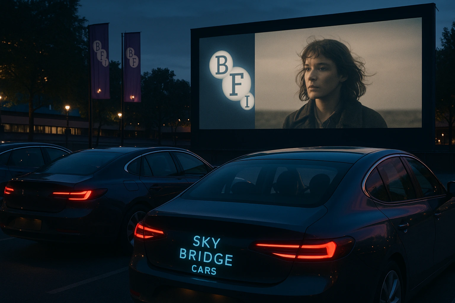 A row of sleek Sky Bridge Cars parked near Southbank or Leicester Square, facing a large outdoor cinema screen displaying the BFI logo and a film still.