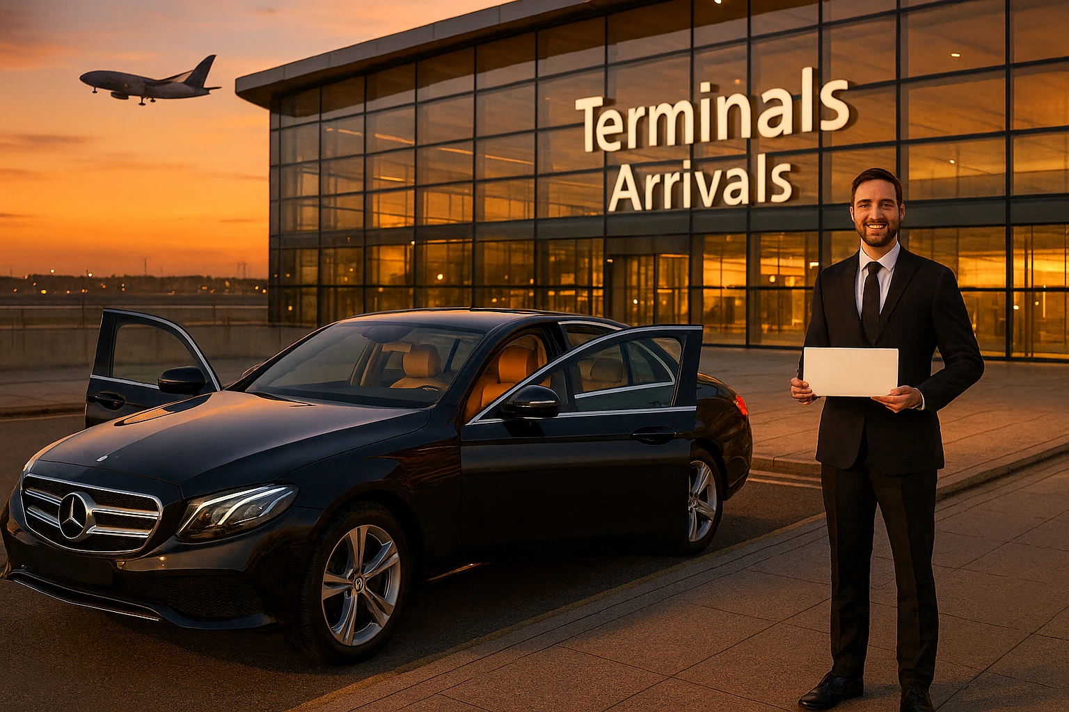 From Runway to Road: Sky Bridge Cars Makes Heathrow Taxi Travel Effortless and Elegant Sky Bridge Cars luxury taxi waiting at Heathrow Terminal 5 with professional chauffeur welcoming passenger